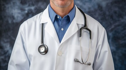 Frontal portrait of a professional physician in a white coat with a stethoscope draped, showcasing a confident and approachable demeanor.