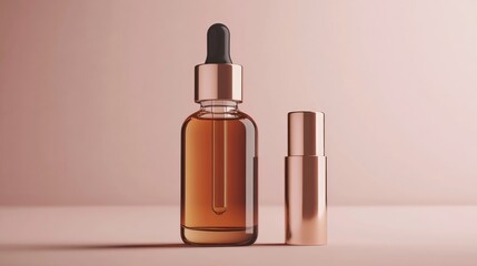 Elegant mockup of a glass dropper bottle for cosmetic oil alongside a sleek tube for cream or gel, featuring a modern gold accent design.