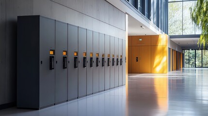  Sleek matte gray school lockers with digital keypad locks contrast against polished floor in newly renovated school hallway.