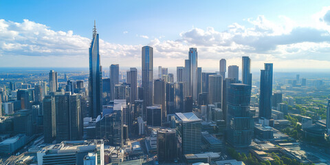 Fototapeta premium Modern Skyline with High-Rise Office Buildings under Blue Sky