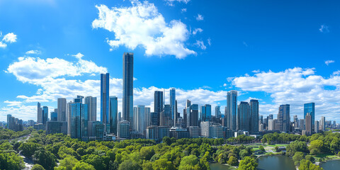 Fototapeta premium Modern Skyline with High-Rise Office Buildings under Blue Sky
