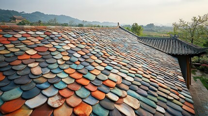 Fototapeta premium Sprawling roof with multi-colored tiles, ranging from warm terracotta to cool gray, forming a mosaic-like visual effect blending tradition and creativity.
