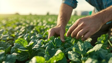 Close-Up of Farmer Hands Tending to Fresh Green Spinach Leaves