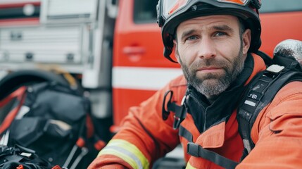 Resilient Firefighter in Gear Posing Near Fire Truck at Station