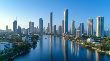 Obraz premium Modern Skyline with High-Rise Office Buildings under Blue Sky