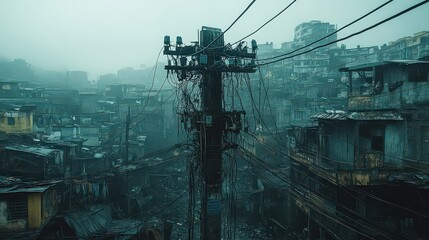  Tangled electrical wires hang precariously from pole against crowded cityscape with buildings in disrepair, highlighting urban infrastructure issues.