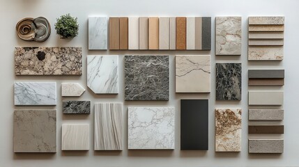  Assortment of stone and wood tile samples neatly arranged, representing material variety, interior design, and home renovation inspiration.