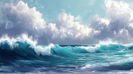 Fototapeta premium Dramatic sea with large waves under a cloudy sky, creating an intense and powerful ocean scene