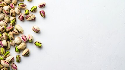 Pistachio nuts scattered over a pristine white surface showcasing a mix of open and closed shells with vibrant green kernels visible.