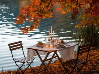 Obraz premium Acogedor comedor junto al lago rodeado de follaje otoñal y luces cálidas 