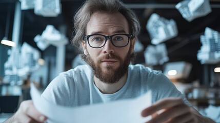 Thoughtful Designer Reviewing Ideas in a Creative Workspace