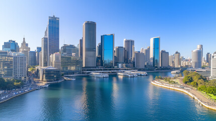 Obraz premium Modern City Skyline with CBD Office Buildings - Drone View and Clear Blue Sky