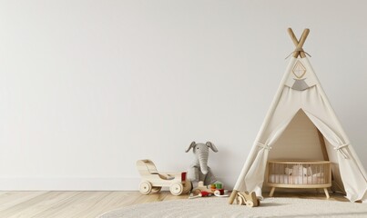 Minimalist nursery with white teepee tent, wooden crib, and a basket of pampas grass against a white wall