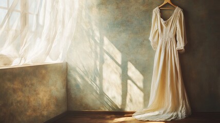 Naklejka premium Elegant vintage dress hanging in sunlit room home decor interior design cozy atmosphere artistic perspective