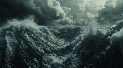Fototapeta premium Dramatic sea with stormy waves and dark clouds, creating an intense and moody ocean scene