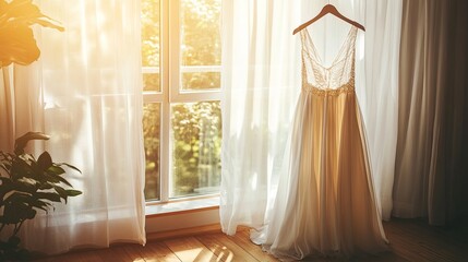 Elegant wedding dress displayed by a sunlit window capturing a romantic atmosphere in a cozy room