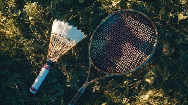 Shuttercock and Racket Placed on Green Grass in a Sunlit Outdoor Setting Perfect for Illustrating Sports Equipment and Recreational Activities in Nature