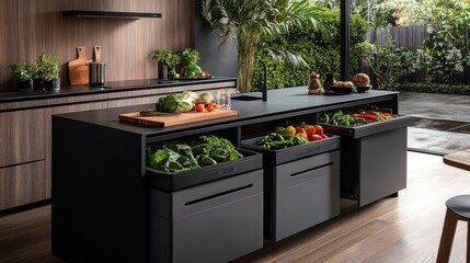  Modern kitchen island with pull-out drawers full of fresh vegetables, showcasing sustainable living, healthy eating, and functional kitchen design.