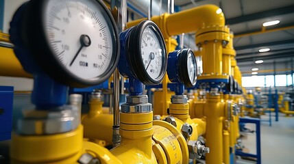Obraz premium Industrial pipes and pressure gauges in a facility, highlighting precision engineering, industrial processes, and utility infrastructure.