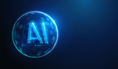 Abstract illustration of low poly private AI protected by sphere shield barrier. Blue geometric background depicting secure personal artificial intelligence technology concept by wireframe mesh