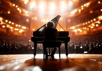 Solo Pianist Performing on Stage with Dramatic Lighting Effects