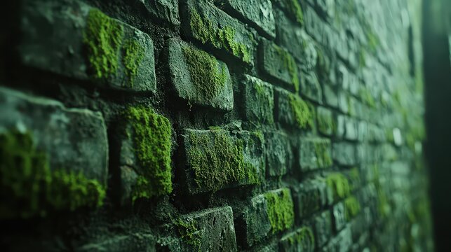  Moss-covered brick wall in detail, soft green moss spreading over porous surface, emphasizing wall&rsquo;s age and damp conditions.