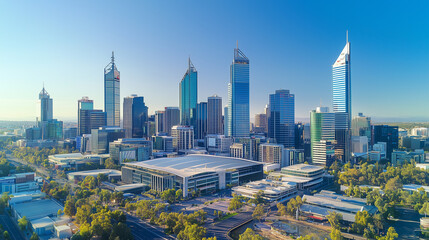 Obraz premium Modern City Skyline with CBD Office Buildings - Drone View and Clear Blue Sky