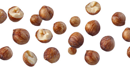 collection of hazelnuts scattered on white background, showcasing their rich texture and color. Perfect for food related themes and healthy eating