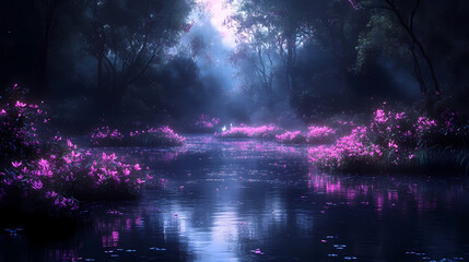 Mysterious river reflecting pink flowers in a dark, misty forest