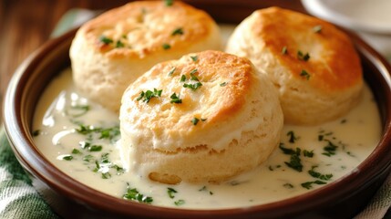 Fluffy Soft Biscuits Topped with Creamy White Gravy and Fresh Parsley Garnish in a Warm Brown Bowl