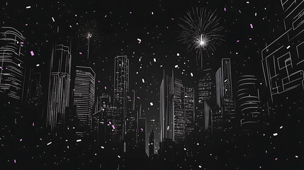 The numbers glowing in a clean crisp line art style with confetti fireworks and people celebrating in a cityscape dynamic and vibrant composition 