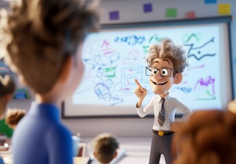 Animated Teacher Explains Concepts in Classroom with Creative Visuals