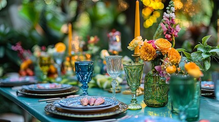 Elegant outdoor dining setup with colorful decor garden table setting nature close-up entertaining ideas