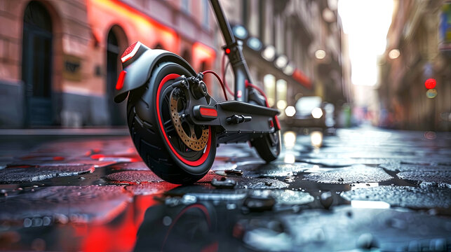 Urban sleekness meets rainy night. The electric scooter rests on wet cobblestones