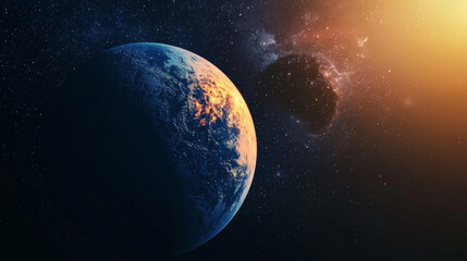 Fototapeta premium stunning view of exoplanet showcasing its vibrant atmosphere and celestial surroundings, illuminated by distant stars and cosmic phenomena