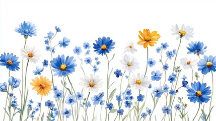 Blue, white and yellow flowers illustration on white background, summer design, watercolor hand painting. Perfectly for printing