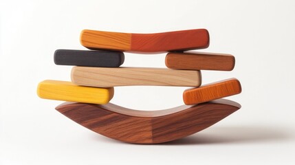 Wooden balance toy showcasing colorful stacked brick blocks on a curved base, designed for interactive and educational play.