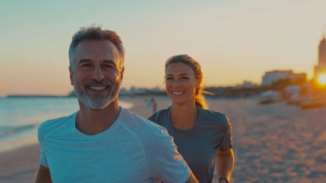 A man and woman are smiling and running on a beach