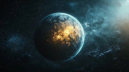 Obraz premium stunning close up of exoplanet surface features, showcasing vibrant colors and textures against cosmic backdrop. planet appears to have fiery regions, hinting at geological activity