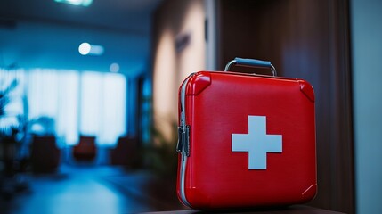 Emergency preparedness essentials first aid kit in modern office space health and safety professional environment close-up view