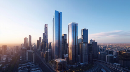 Obraz premium Modern City Skyline with CBD Office Buildings - Drone View and Clear Blue Sky