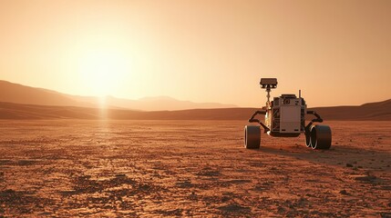 Exploration rover captured at sunset in a desert landscape science & technology futuristic environment dramatic viewpoint