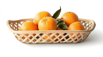 Chinese New Year culture mandarins tangerines in a bamboo basket with leaves , plain white background	
