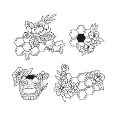 Rustic apiary collection honeycombs, wooden barrel and flowers arrangement. Hand drawn doodle bouquet botanical illustrations.