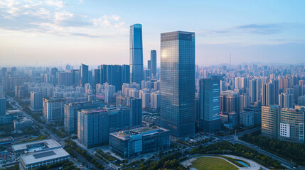 Modern City Skyline with CBD Office Buildings - Drone View and Clear Blue Sky