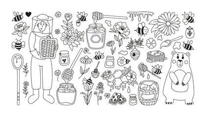 Apiary set with beekeeper girl, honeycombs, cute bees, bear, glass jar, spoon, hive, wooden barrel and wildflowers. Hand drawn doodle rustic illustrations.