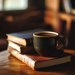 Naklejka premium a cup of coffee on a wooden table