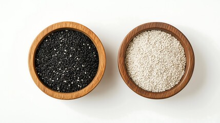 black white sesame wooden round bowl, top down view, plain white background, dried food