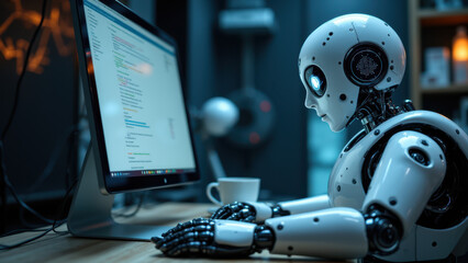 A robot working at a computer with Ci/Cd software on the screen.