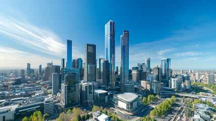 Fototapeta premium Modern City Skyline with CBD Office Buildings - Drone View and Clear Blue Sky